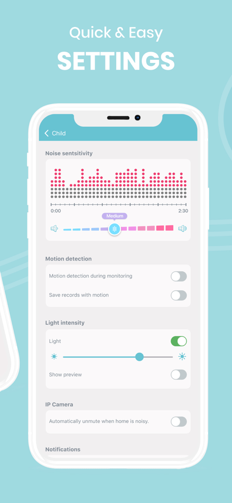 Schermata delle impostazioni dell'app Baby Monitor Nancy che mostra il grafico della sensibilità al rumore e i controlli di rilevamento del movimento.