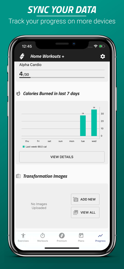 Spartan Home Workouts - Pro - Captura de pantalla de una aplicación móvil que muestra la pantalla de seguimiento del progreso con un gráfico de calorías quemadas e imágenes de transformación