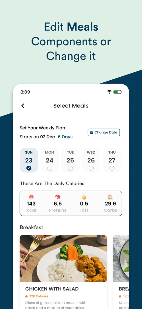 Interfaz de la aplicación Greenish para seleccionar y editar planes de comidas semanales con seguimiento nutricional