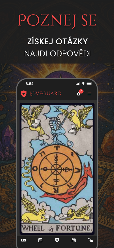 LOVEGUARD - LOVEGUARD app interface showing a Wheel of Fortune tarot card for relationship guidance.