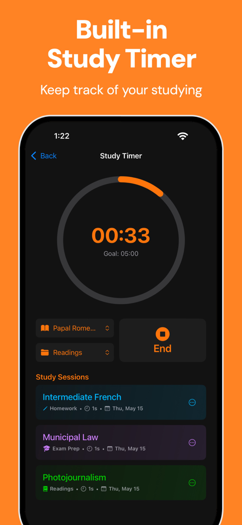 Fouro: Track Grades, GPA - Screenshot of the Fouro app built-in study timer interface showing a countdown and course study sessions