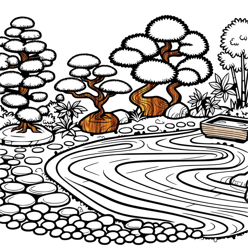 a serene zen garden with raked gravel, bonsai trees, and tranquil ponds