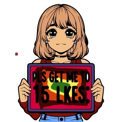 realistic girl holding up a sign that says “pls get me to 15 likes!”