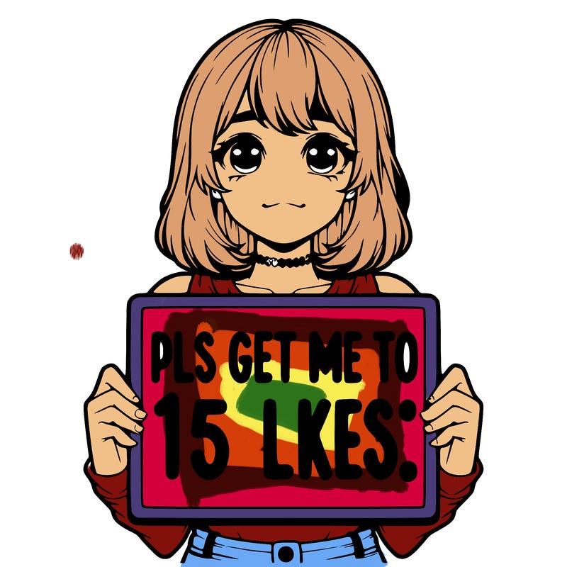 realistic girl holding up a sign that says “pls get me to 15 likes!”