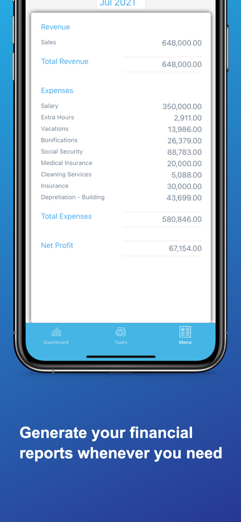 Panel móvil de Adm Cloud que muestra un informe financiero detallado que incluye ingresos, gastos y beneficios netos.
