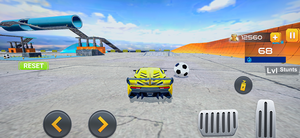 Motorcycles & Car Stunt Games - A yellow supercar in a stunt arena with giant soccer balls and mega ramps under a blue sky.