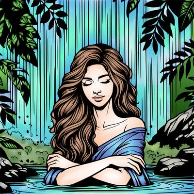 realistic female model under waterfall