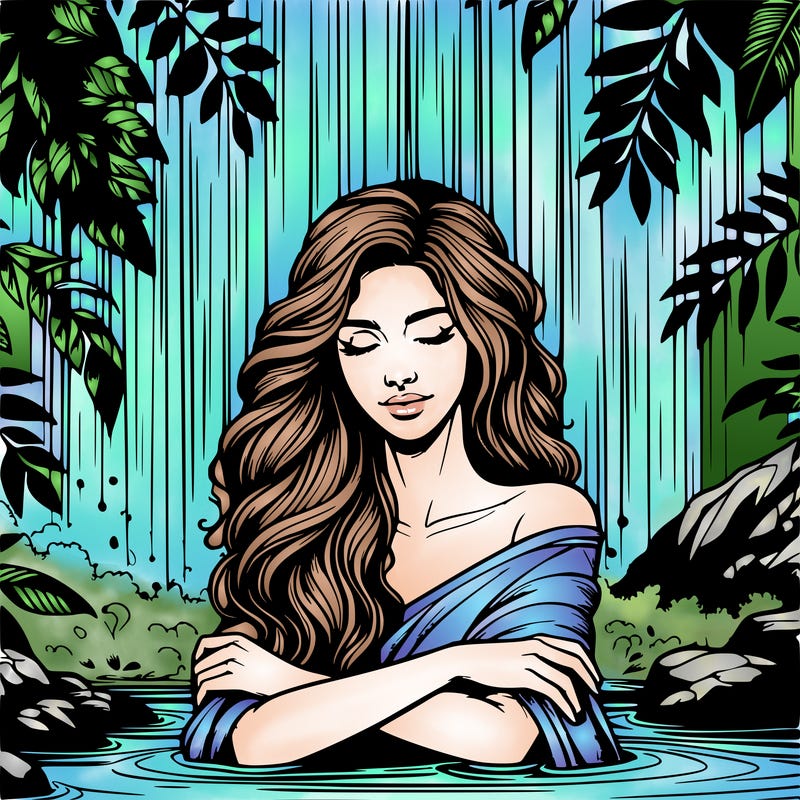 realistic female model under waterfall