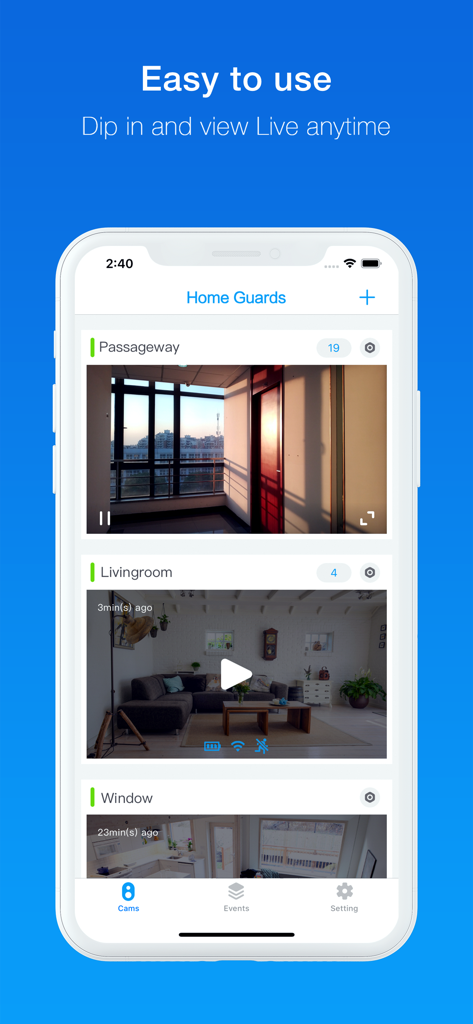 Home Guards - Home Guards app interface showing live video feeds from home security cameras.