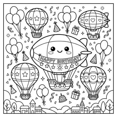 Get ready for an adorable aerial adventure with this Kawaii Airships Birthday coloring page! Featuring cute blimps and hot air balloons amidst a festive party scene, it's perfect for celebrating special days.