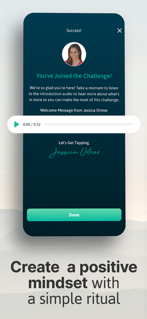 The Tapping Solution app screen showing a success message for joining a mindset challenge