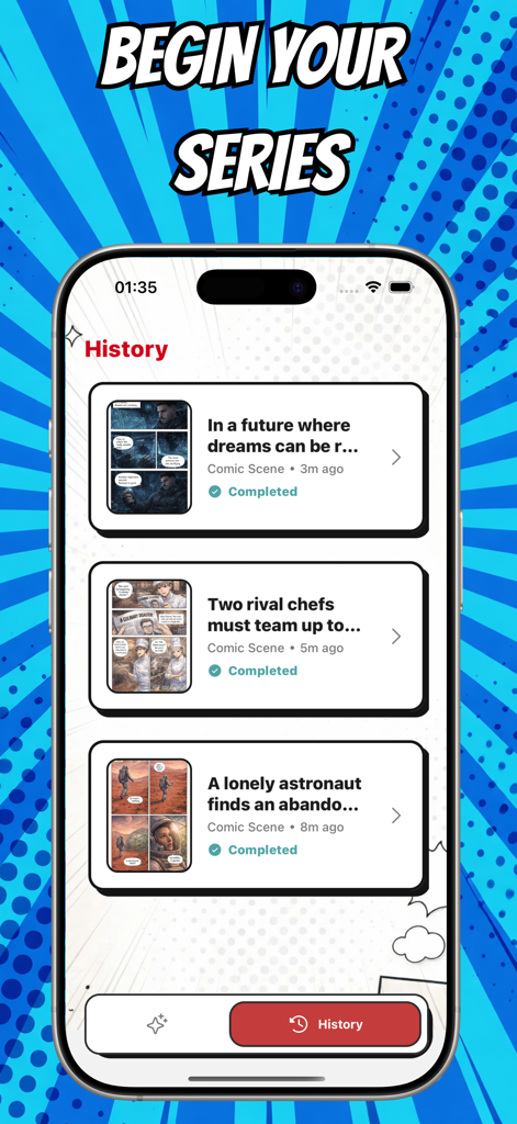 VEX: Comic Maker Manga, Manhwa - VEX app interface showing a list of saved AI comic projects in the history tab