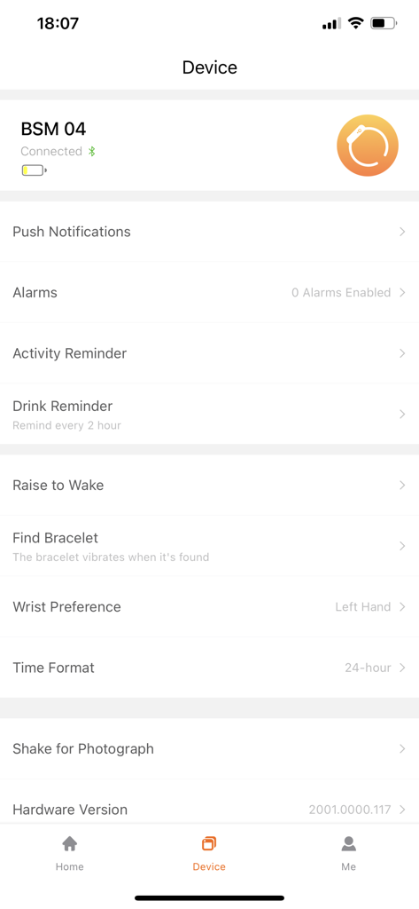 FitCloudPro - The device settings menu in the FitCloudPro app showing connected smartwatch options and reminders.