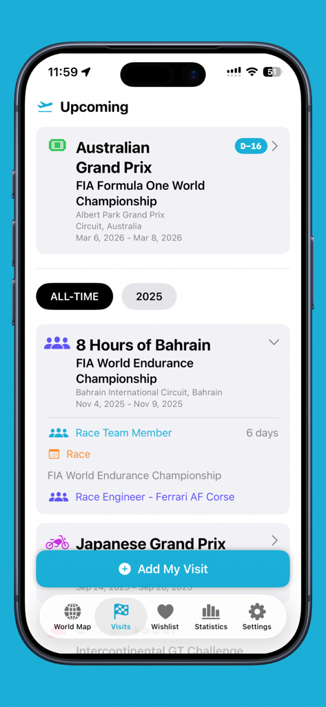 Tracka - Motorsport Visit Log - Smartphone screen displaying a list of upcoming and past motorsport race visits in the Tracka app