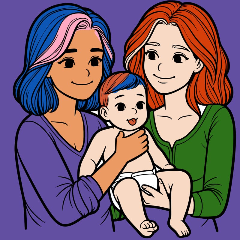 two realistic women holding one baby together