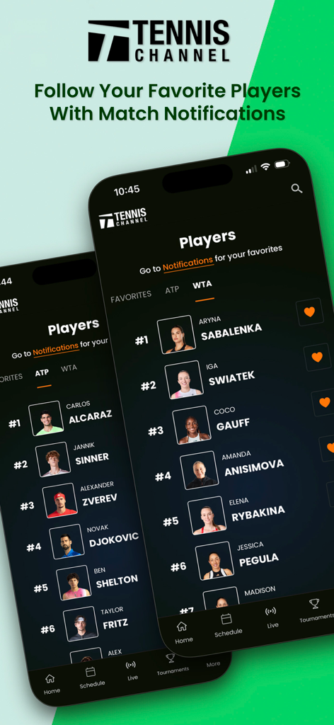 Tennis Channel - Tennis Channel app interface displaying ATP and WTA player rankings with options to follow for match notifications