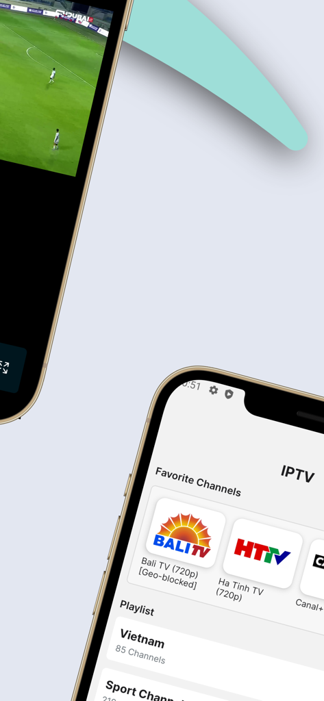 IPTV M3U - Stream Player - Interface of the IPTV M3U Stream Player app on an iPhone showing a live soccer game and a list of favorite international channels