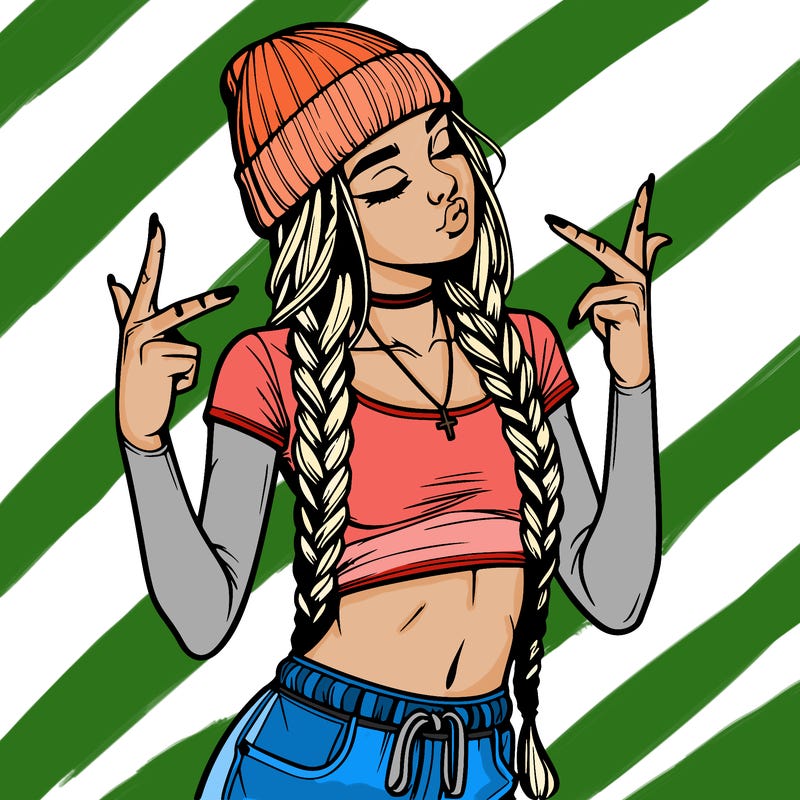 realistic teenage girl with braids and a beanie and crop top doing 🫶🏼