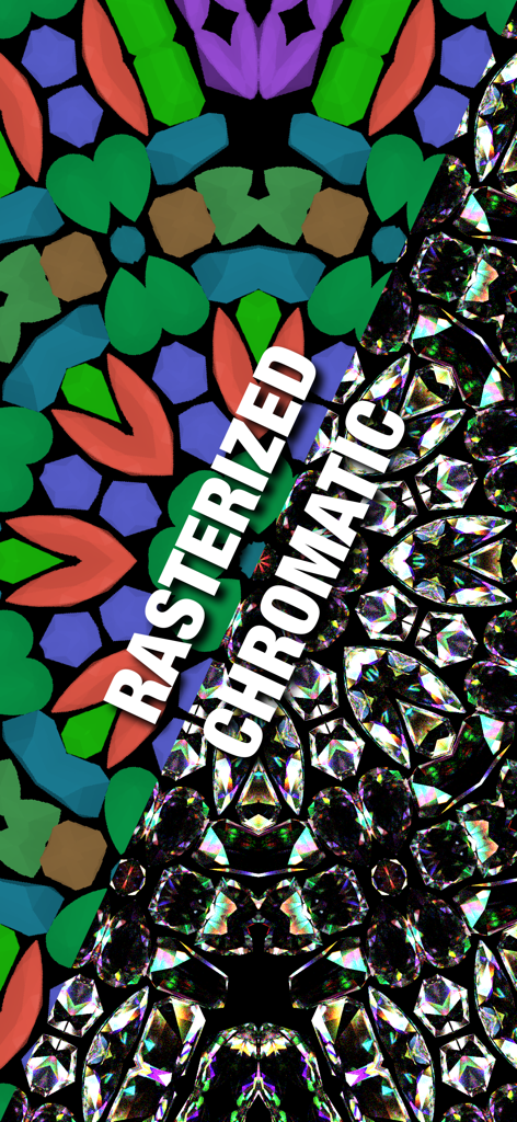 Split screen comparison between a flat rasterized pattern and a complex chromatic gemstone pattern