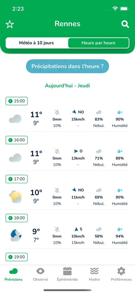 La météo agricole - Interfaz de pronóstico meteorológico agrícola por hora que muestra datos de temperatura, viento y precipitación