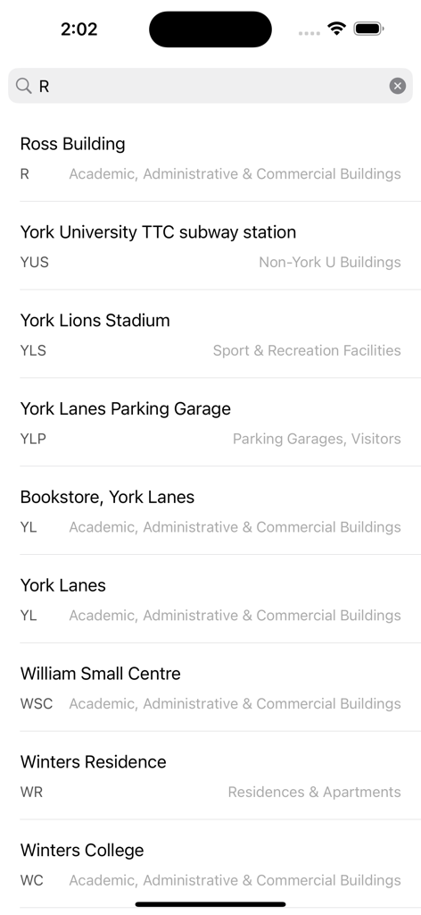 Search results in York U Maps showing campus buildings with their abbreviations