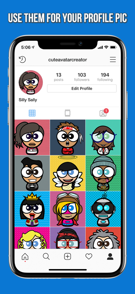 Cute Avatar Creator - A mobile phone screen showing a social media profile with a grid of custom cute cartoon avatars