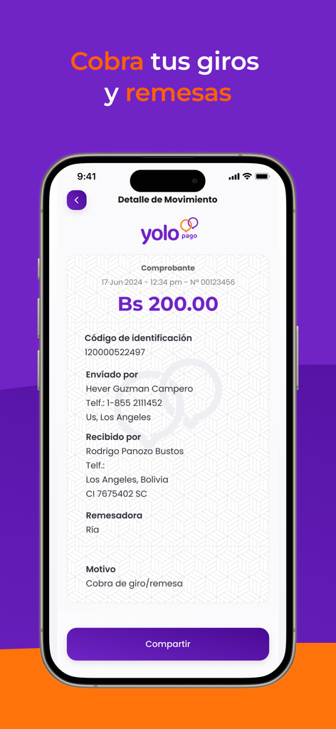 Yolo Pago - Yolo Pago app screen showing a remittance receipt for a money transfer