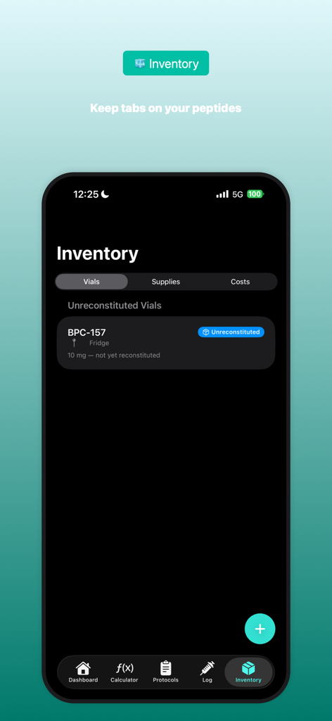 PepDose app inventory screen showing a tracked vial of BPC-157 peptide.