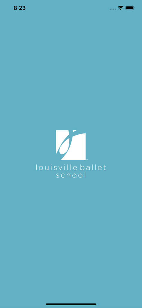 Louisville Ballet School - Pantalla de inicio de la app de la Escuela de Ballet de Louisville con el logo sobre un fondo azul