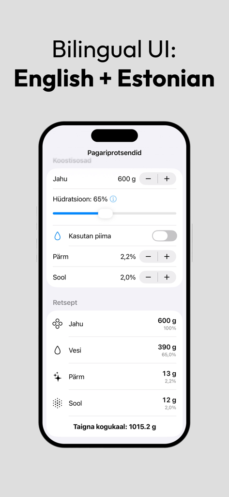 Interfaz de la aplicación Porcentaje de Panadería que muestra la versión en idioma estonio
