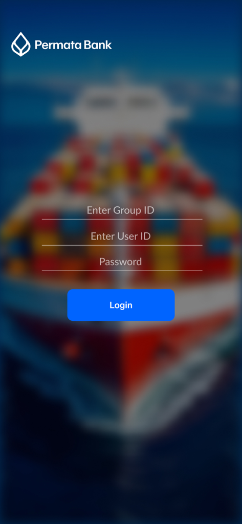 Permata eBusiness - Login screen for the Permata eBusiness mobile app featuring input fields for Group ID, User ID, and Password.