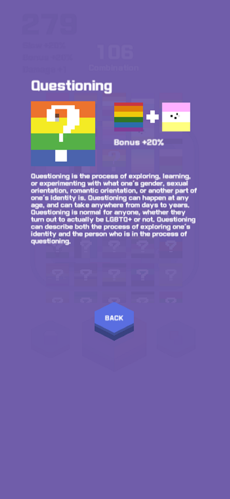 LGBT Cube Merge Defense - In-game screen explaining the Questioning identity and merge combinations in the LGBT Cube Merge Defense app.