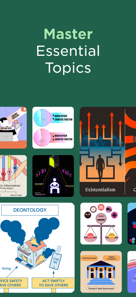 Imprint: Visual Micro Learning - A collection of colorful visual learning cards from the Imprint app covering topics like philosophy, economics, and psychology.