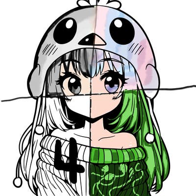 anime girl with chick shaped hat with sweater with bare shoulders with bangs covering them one eye with low tail