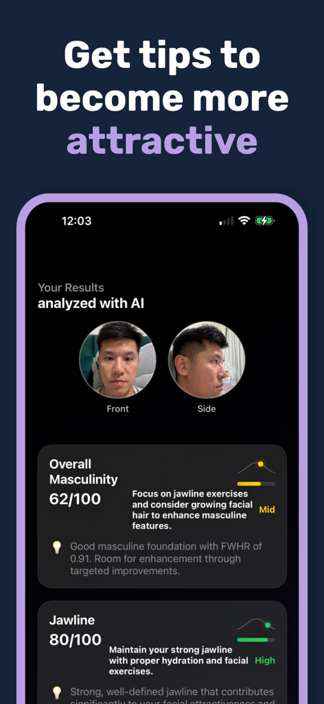 LooksMax AI Private Face Rater - Bildschirm mit Ergebnissen der KI-Gesichtsanalyse, der Maskulinitäts- und Kieferlinienbewertungen mit personalisierten Verbesserungstipps anzeigt.