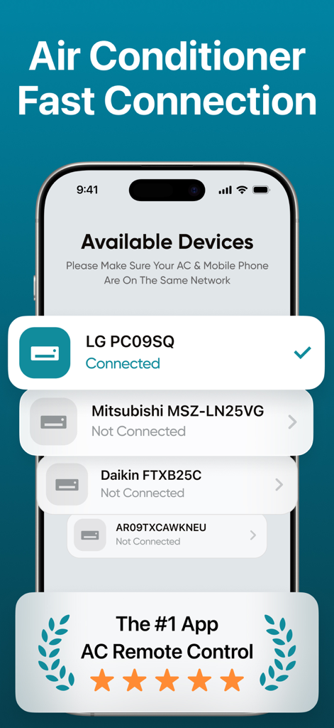 AC Remote app interface on iPhone showing a fast connection to an LG air conditioner.