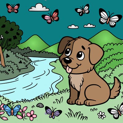 a dog by a river with butterflies around it