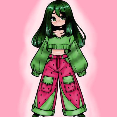 cute girl with straight hair in baggy jeans and a crop top and a sweater