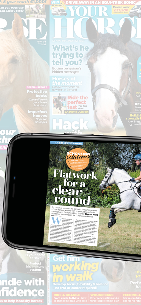 Your Horse - A smartphone displaying an equestrian training article titled Flatwork for a clear round from the Your Horse magazine app