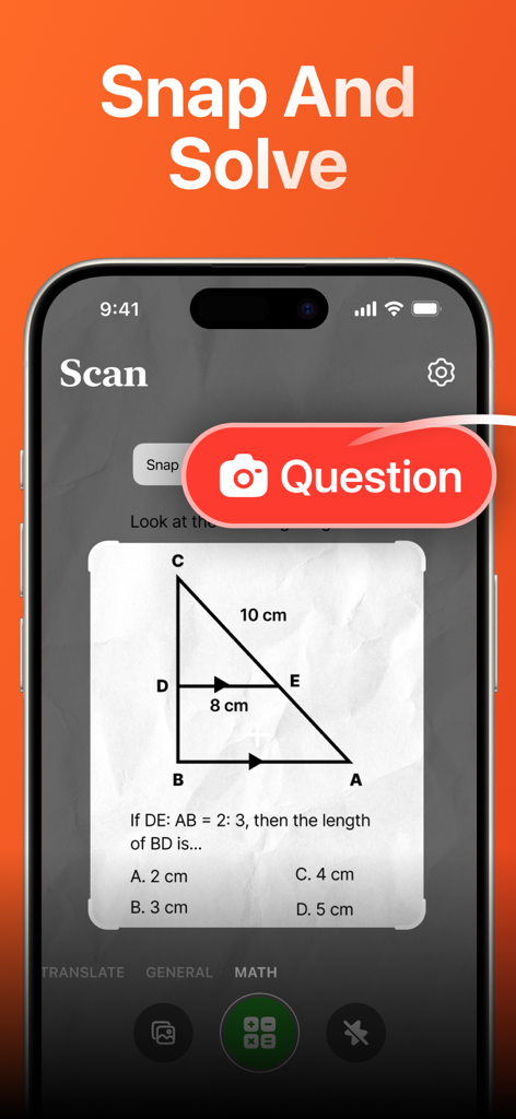 Smartphone interface of AI Solver scanning a triangle geometry problem with the Snap and Solve feature