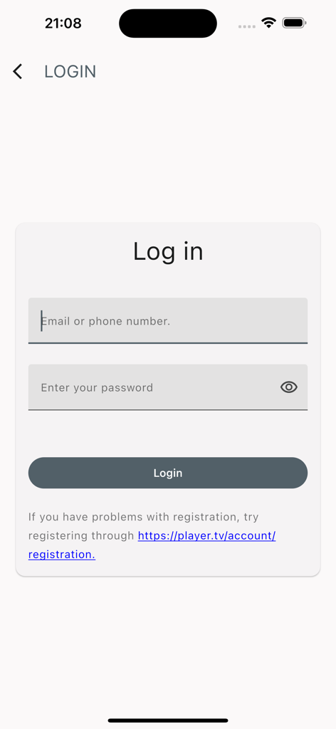 Écran de connexion de l'application OttPlayertv montrant les champs de saisie pour l'e-mail et le mot de passe