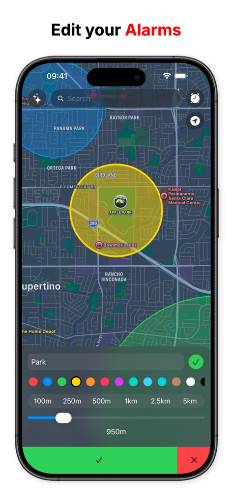 Localarm app interface showing a map with a yellow geofence circle over Apple Park and options to adjust the alarm radius and color.