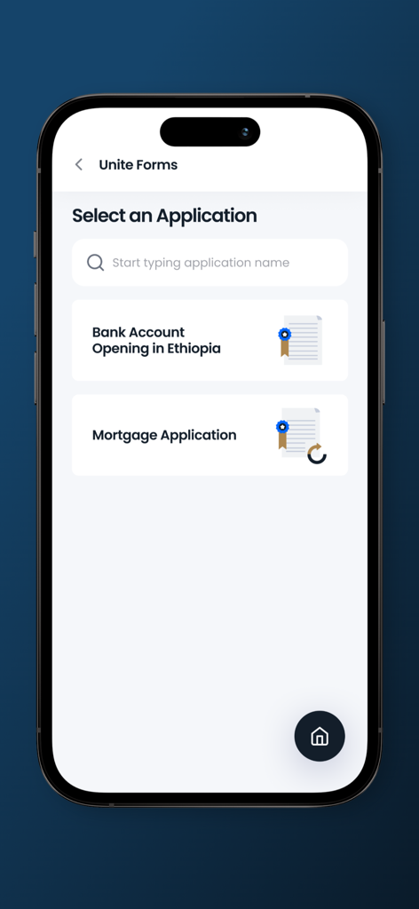Unite.et - Unite.et app screen showing options for bank account opening in Ethiopia and mortgage applications.