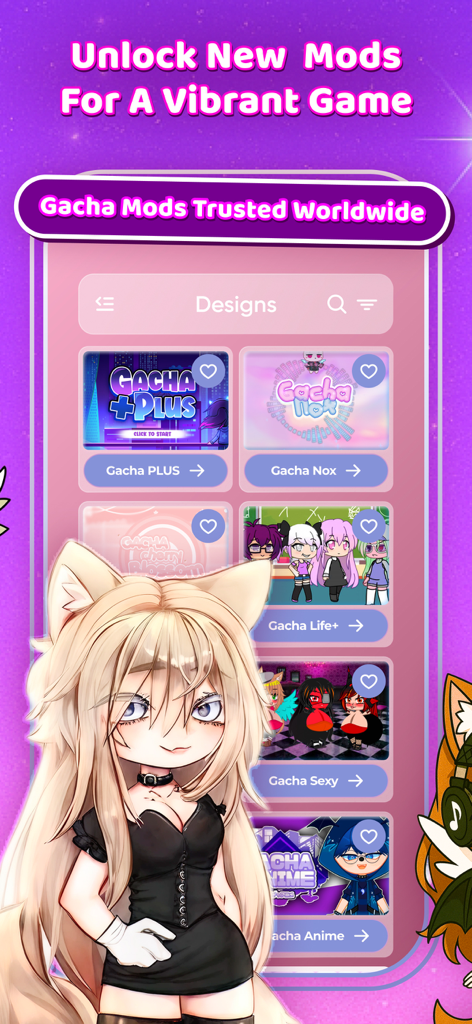 Interface do aplicativo Gachuna mostrando uma galeria de mods Gacha como Nox e Nebula para personalização de personagens.
