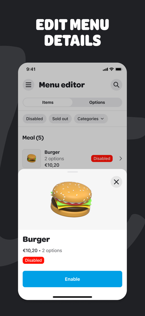 Merchant lite - Merchant Lite app interface showing the menu editor for enabling or disabling restaurant menu items like a burger.