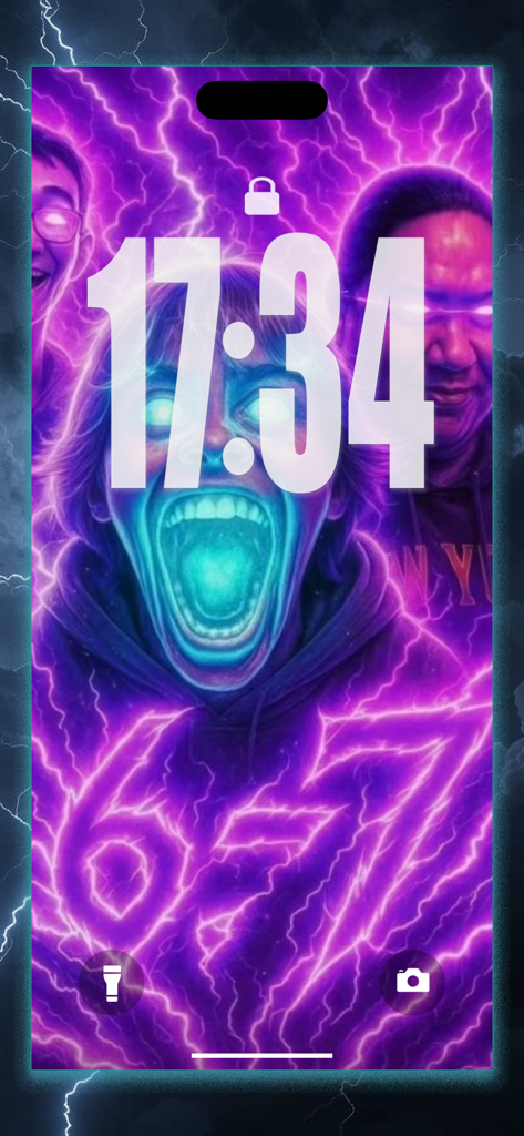 67 meme Wallpaper - iPhone lock screen featuring a purple lightning meme wallpaper with expressive cartoon characters and stylized number 67