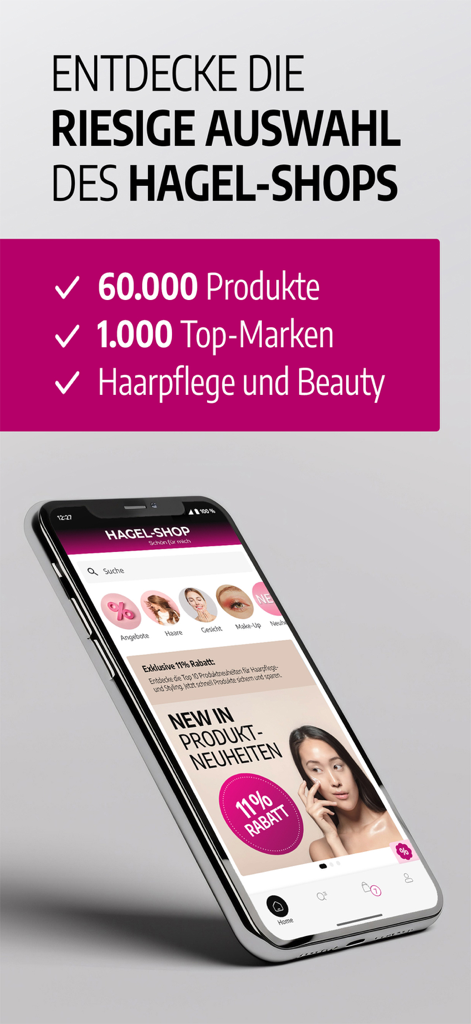 Smartphone mit der HAGEL-SHOP Beauty-App und über 60.000 Haar- und Hautpflegeprodukten