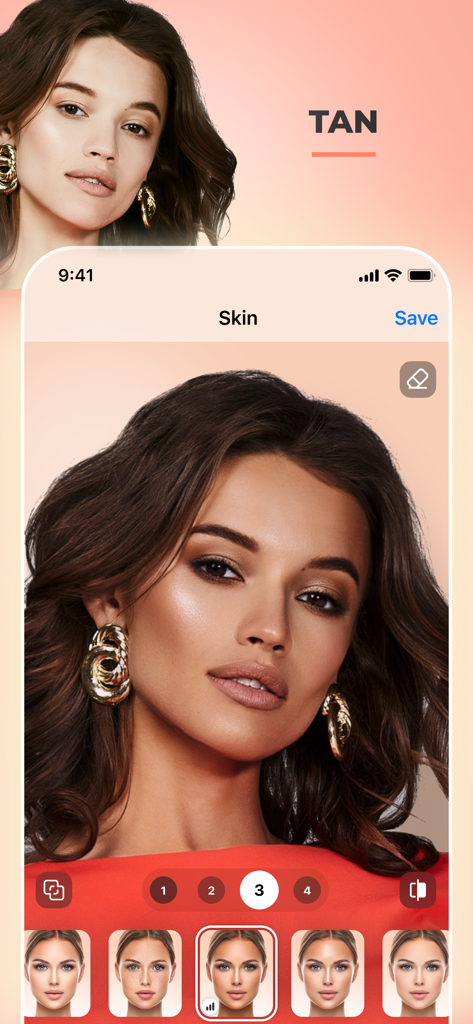 Portrait of a woman using the FaceApp tan skin filter for beauty enhancement
