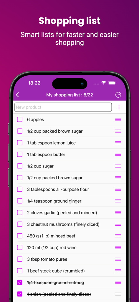 Digital shopping list feature in My Recipe Box app with ingredient checklist