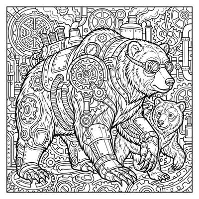 Embark on an extraordinary coloring journey with our Steampunk Grizzly Bears design, where robust nature meets intricate machinery. This detailed page features a powerful adult bear and its cub, fused with gears, pipes, and Victorian-era industrial charm, perfect for colorists seeking a unique challenge.